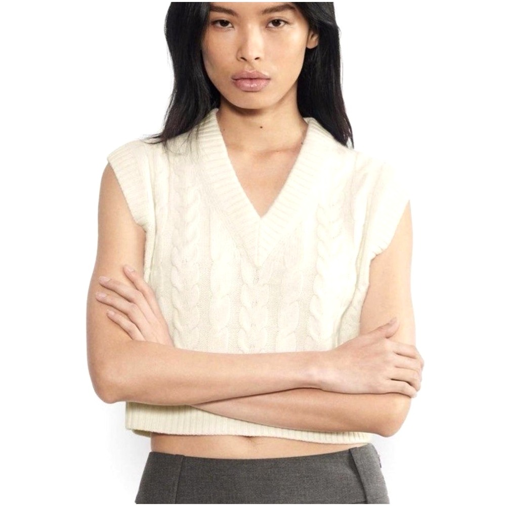 NEW! Sunday Best Wool Blend Cropped Cable Knit Sweater Vest Cream Ivory SZ S